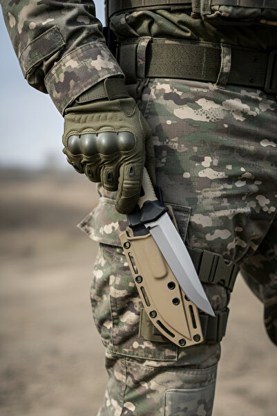 PRO Kum Rengi Taktiksel Askeri Kamp Bıçağı | Kılıflı Paslanmaz Çelik Outdoor Survival Bıçak