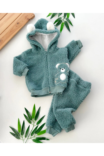 hümabebe Yanda Teddy Bear Embroidery Hooded-Piece Welsoft Winter Set with Zipper