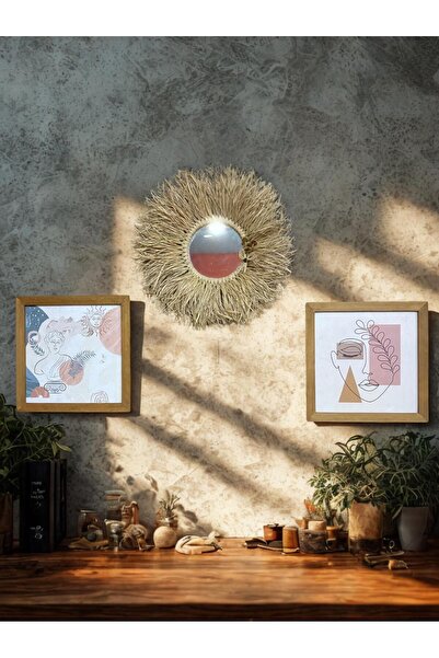 BuHomee AHŞAP TABLO VE RAFYA AYNA BOHEM TARZ 3'LÜ TAKIM