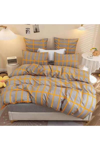 trendyhome Double Bed Linen Set, Satin Cotton 4 Pieces – Checkered, Gray/Yellow