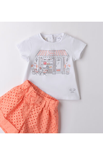 Sarabanda - T-shirt and shorts set, cotton blend, 2 pieces, White/Coral, 122 cm