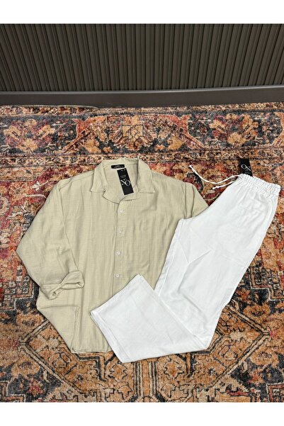 NO 601 Men's Beige Muslin Shirt & White Muslin Linen Pants Set