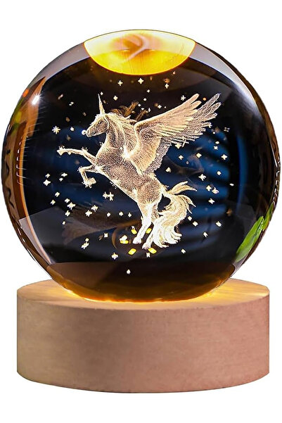 OEM Glob de cristal 3D cu unicorn magic și LED, 10 cm, bază din lemn, decor fantastic