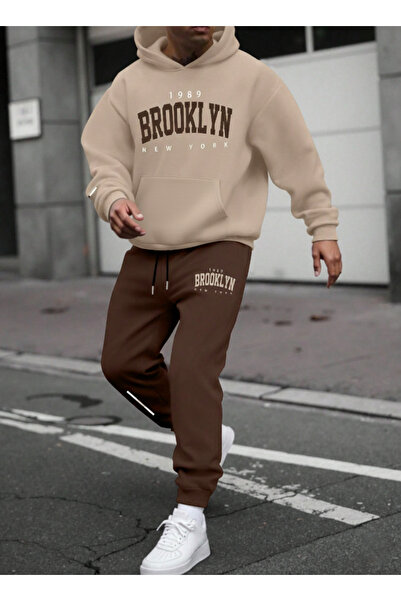 Velostra Daily Brooklyn New York Printed 3 Thread Comfortable Winter Thick Bottom Top K Hooded Tracksuit Set