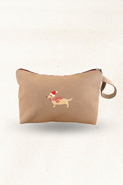 Elegancembroidery Keten Kumaş Nakış Detaylı Küçük El & Makyaj Çantası – Köpek...