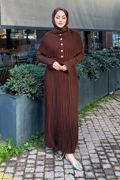 erk giyim Pelerinli İki Parça Triko Elbise - Kahverengi