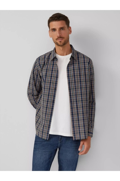 s.Oliver Men's shirt, with checkered print and Kent collar, Dark Navy