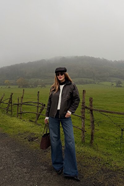 Laluvia Brown Pocketed Velvet Collar Jacket - 5124