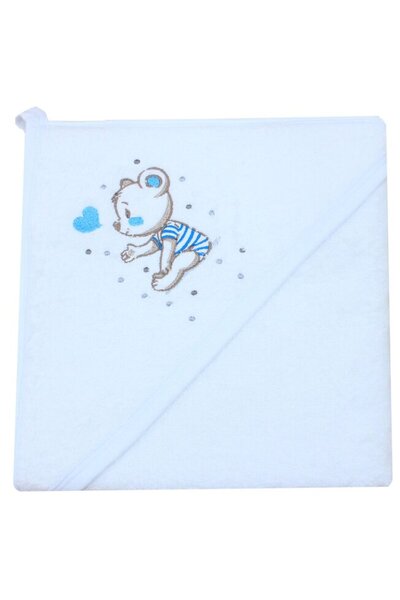 PRICHINDEL Hooded towel, Bear with blue heart, cotton, white, 80 x 100 cm