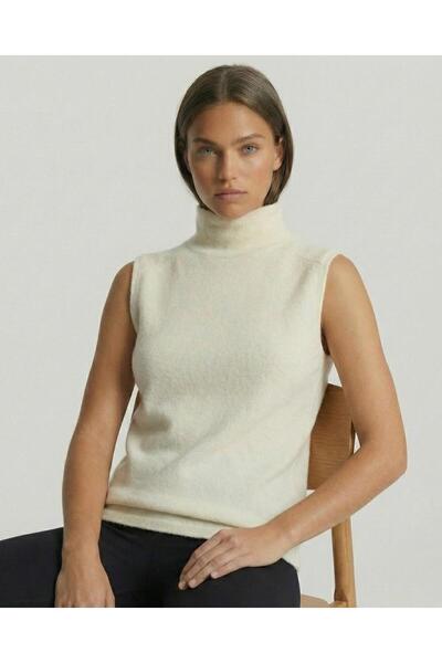 AMİDA Women's Sleeveless High Neck Ecru Knit Sweater - 2534
