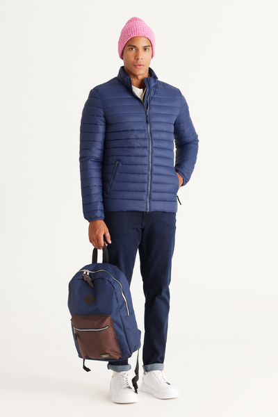 ALTINYILDIZ CLASSICS Navy Blue Standard Fit Regular Cut Mock Neck Patterned Coat