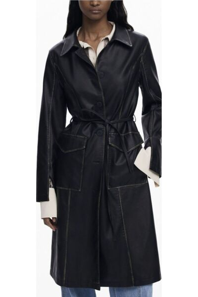 Desigual Women's long coat, black (Nero), with belt and contrasting details M