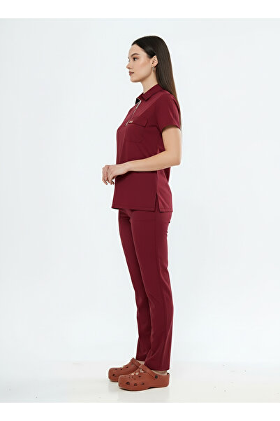 Class Üniforma Polo Yaka Bordo Medikal Hemşire Doktor Üniforma Scrubs Üniforma Kadın