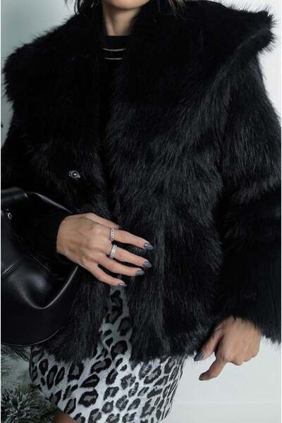 Stil Sepeti Women's Black Premium Shawl Collar Faux Faux Fur Coat Tll-200078930