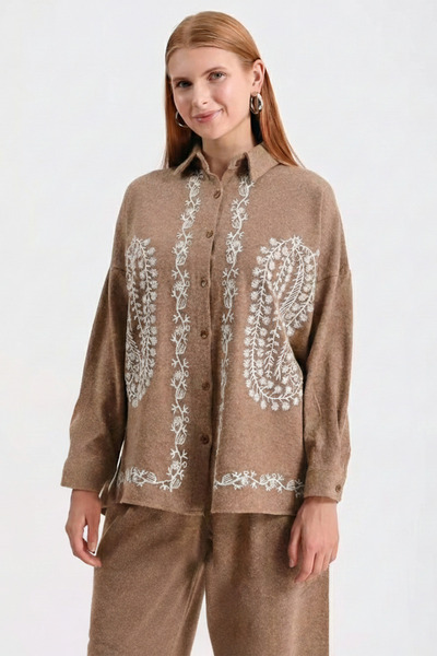 Hatun Atila Embroidered Hera Fabric Double Suit 7671 Light Brown