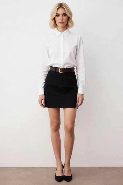 BENERLY Women's High Waist Mini Slit Denim Skirt 100% Cotton A-Line Functiona...