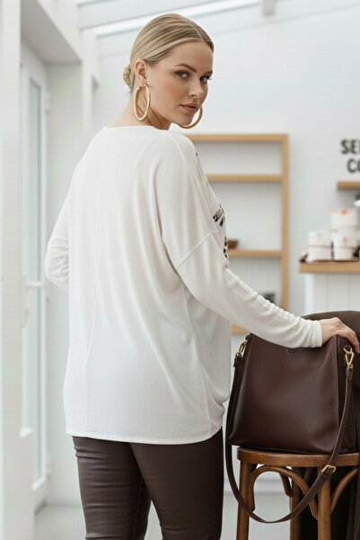 Chiccy Ιταλική μπλούζα Ecru με λαιμόκοψη με μακριά μανίκια Thin Folie Ba με τύπωμα asual Angora Ov oversized riko Bluz 68 76