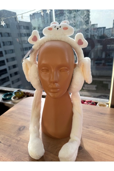 Blotch White Color Cute Paw Rabbit Detail Plush Plays Earphones with Figured Ears Playing a Game and Fluffy Sound