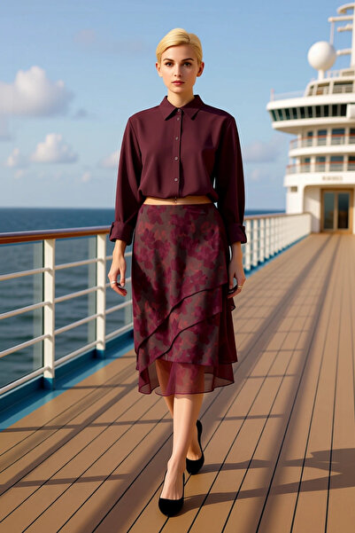 BENERLY Women's A-Line Midi Skirt Ruffled Asymmetrical Cut 94% Polyester 6% E...