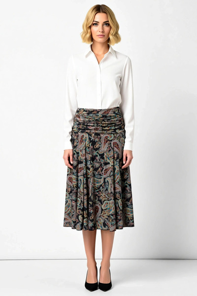 BENERLY Women's A-Line Patterned Shirred Midi Skirt Functional Durable Qualit...