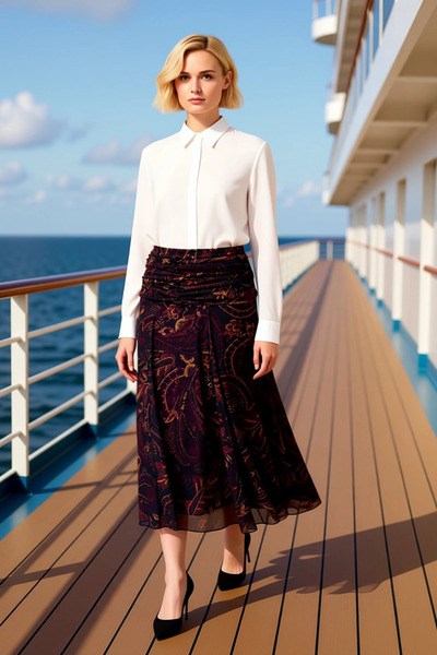 BENERLY Women's A-Line Patterned Shirred Midi Skirt Functional Durable Qualit...