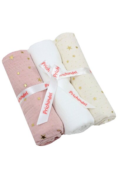 PRICHINDEL Set of 3 muslin diapers, Metallic stars, pink with ivory, 80 x 67 cm
