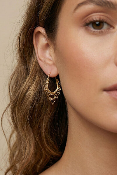 Clandestino Filigree Embroidered Bohemian Hoop Brass Earrings Gold