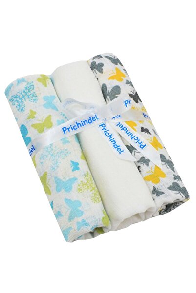 PRICHINDEL Set of 3 Muslin Cloths, Butterfly Yellow and Turquoise, 75 x 70 cm