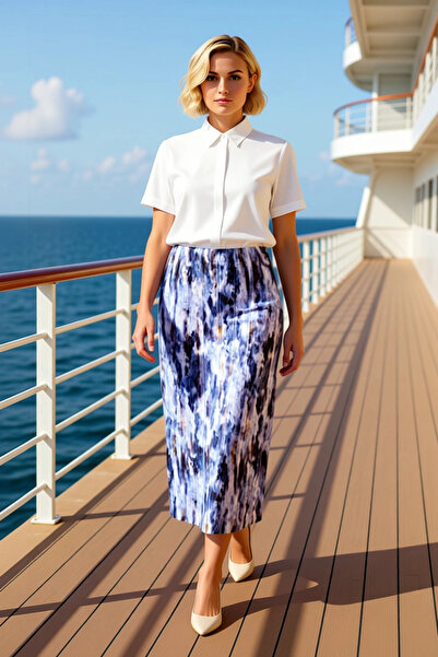 BENERLY Women's Maxi Pleated Skirt Regular Waist Abstract Patterned 100% Poly...