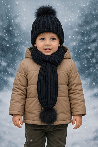 ues SET DE TRICOTAJE NEGRE CU O SINGURĂ POMPOM, Eșarfă, Beretă