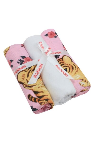 PRICHINDEL Set de 3 scutece, Little Tiger, muselină și flanel, bumbac, roz, 7...