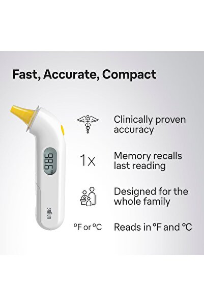 Braun Thermoscan3 ear thermometer for children, accurate digital display, precise fever tracking, reads temperature in seconds