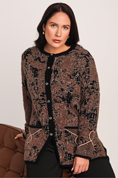 Uludağ Triko Women's Brown Furry Stripe Accessory Pocketed Knitwear Mother Cardigan