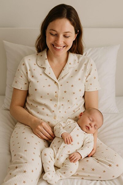 İpek Mother and Baby's First Sleep Star Patterned Boxed Mother Pajamas-Baby Romper Set