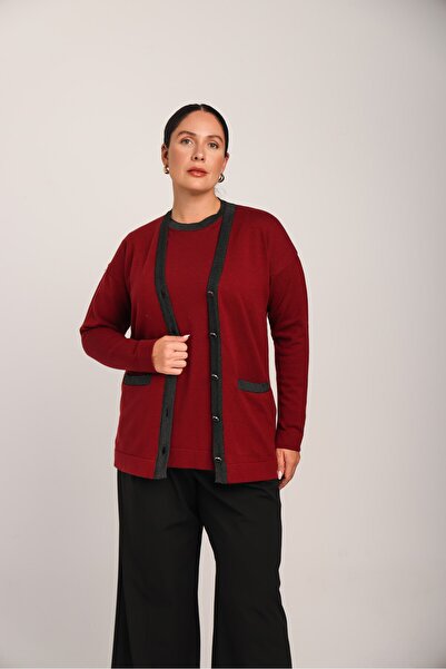 Uludağ Triko Women's Burgundy Glitter Collar Buttoned Comfortable Cut Pocketed Knitwear Cardigan