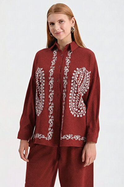 Hatun Atila Embroidered Hera Fabric Double Suit 7671 Burgundy