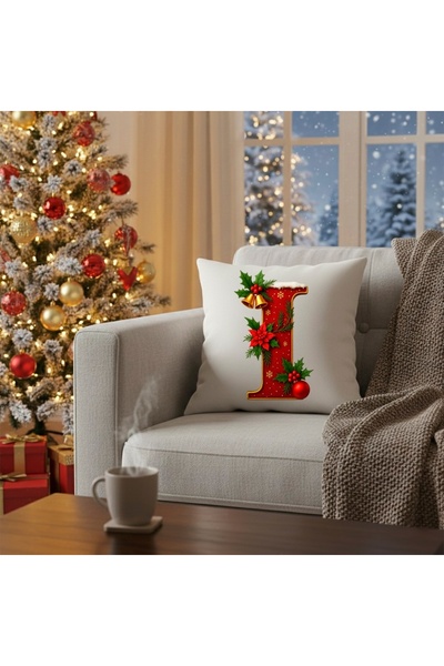 MİNOZA Digital Printed Red Letter I Decorative Throw Pillow Cover with New Year's Pine Decoration