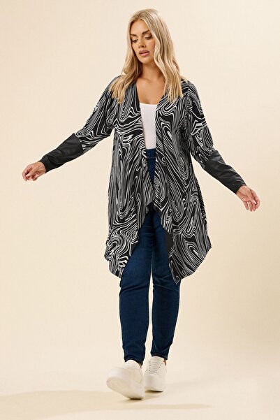 Stil Diva Plus Size Long Sleeve Leather Detailed Open Front Cardigan 304276