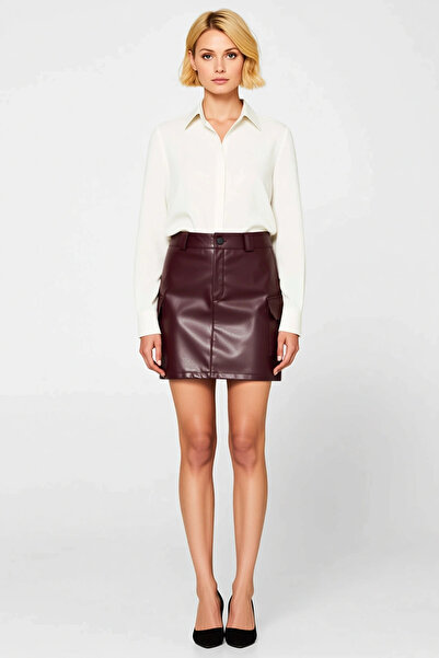 BENERLY Fustă mini din piele artificială cu talie înaltă pentru femei, cu buz...