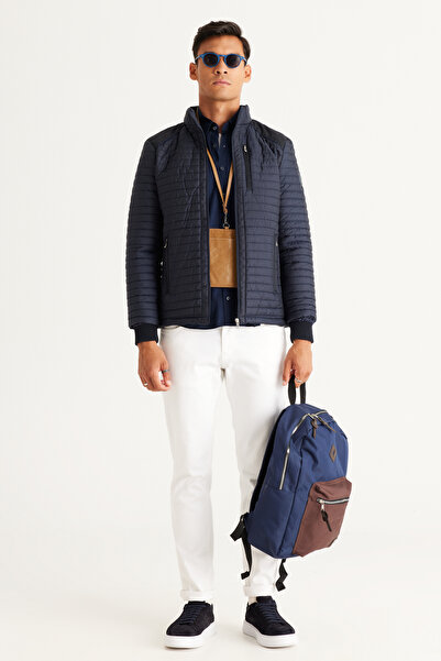 ALTINYILDIZ CLASSICS Navy Blue Standard Fit Regular Cut Mock Neck Shoulder Detailed Winter Coat