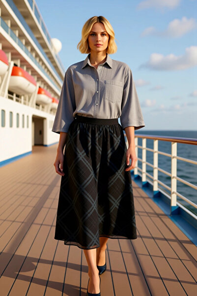 BENERLY Fusta maxi în carouri, cu talie înaltă, în formă de A, pentru femei, ...