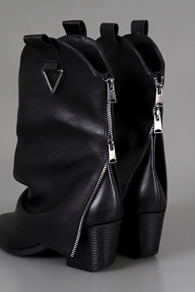kajal ayakkabı Btkv10 Half Cowboy Boots with Back Zipper Detail