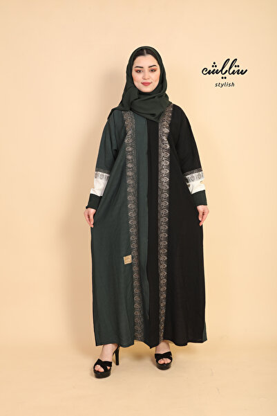 Stylish A black and olive-green wrap abaya decorated with gold embroidery.