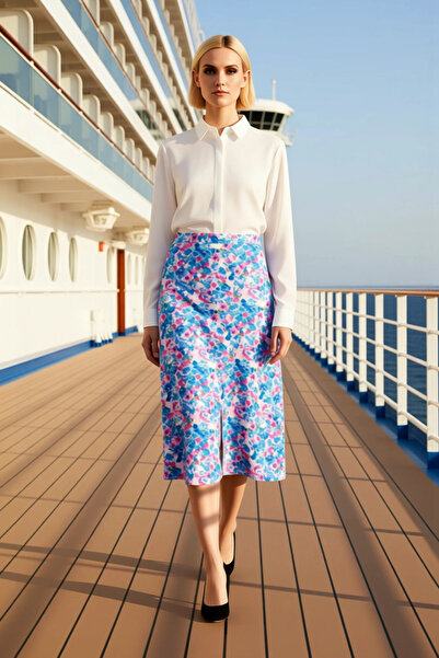 BENERLY Women's Floral Patterned Slit Midi Woven Skirt High Waist A-Line 100%...