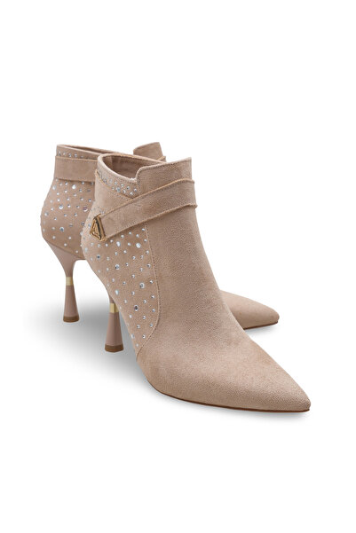 Women Lay-z ♥️ Women's Beige Suede, 9.5 cm Heels, Pointed Toe, Stylish Boot Model with Stone and Gold Accessories