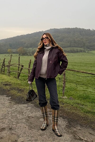 Laluvia Burgundy Velvet Collar Jacket with Pockets - 5124