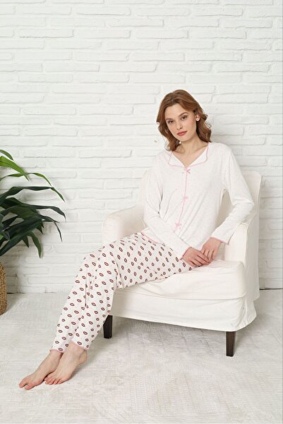 FORMO Women's Bow Detailed High Quality Soft Corded Fabric Long Sleeve Pajama Set