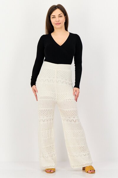 PROMOD Women Regular Fit Crochet Wide Leg Pants, Off White