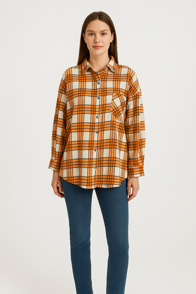 Nuevo Women's Orange Checkered Lumberjack Shirt – Soft Textured Oversized Lon...