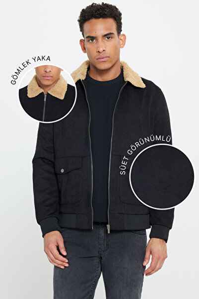 AC&Co / Altınyıldız Classics Black Standard Fit Regular Cut Shirt Collar Suede Look Coat